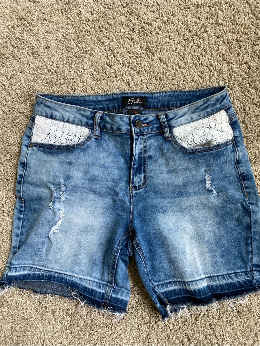 Light Blue Distressed Denim Shorts with Crochet Pockets